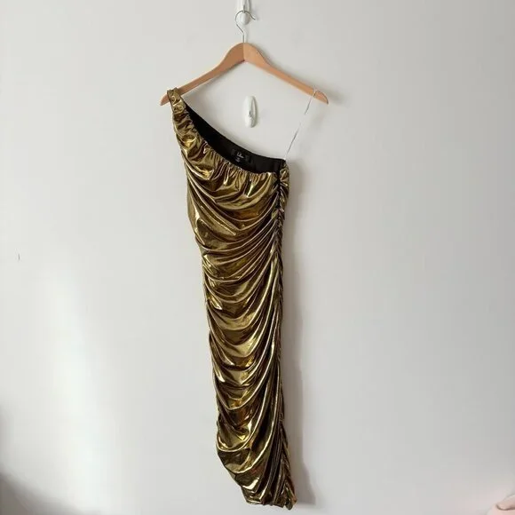 Lulus Reflections Of Style Shiny Gold One-Shoulder Bodycon Mini Dress Size XS - Picture 5 of 10